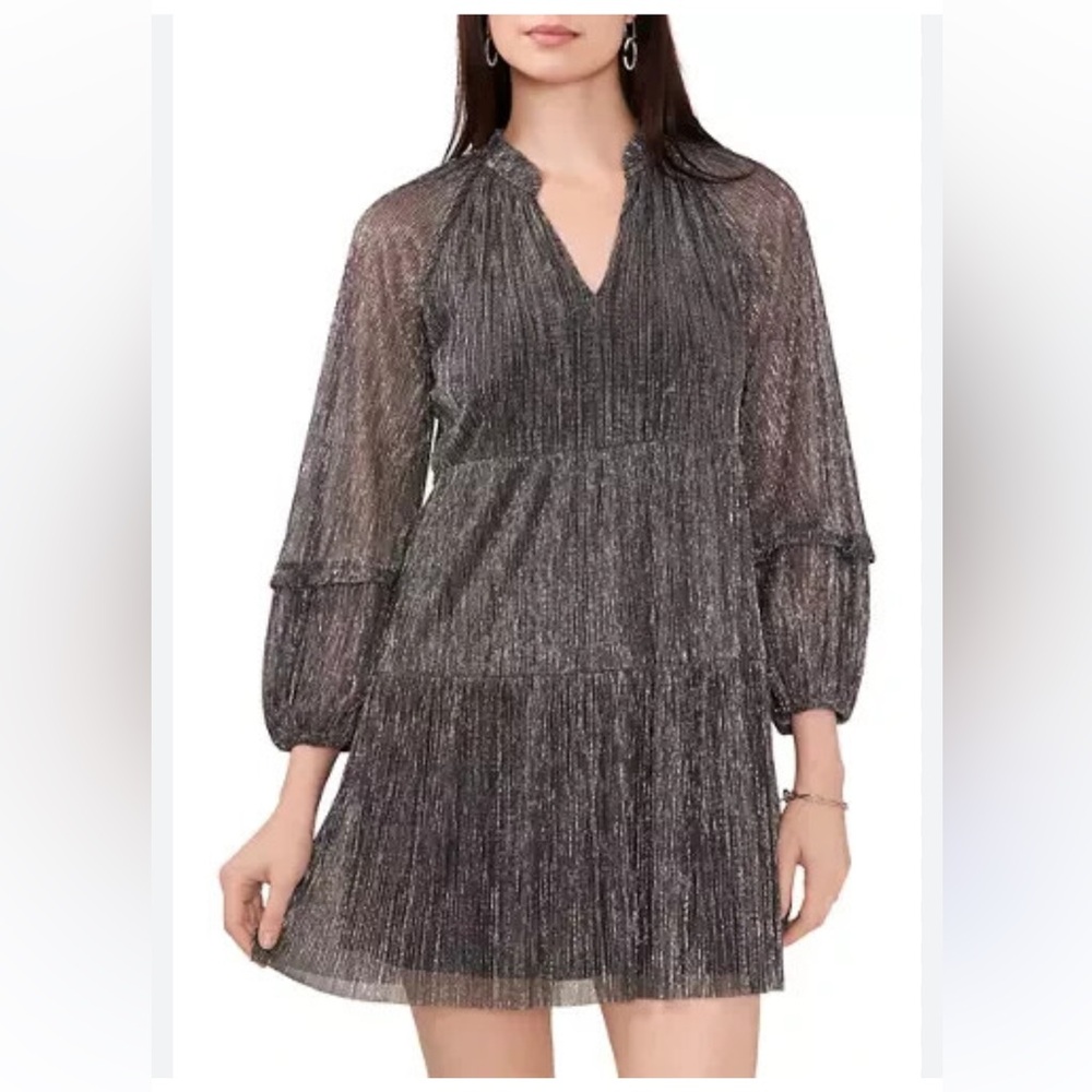 STATE dress Metallic Pleated Tiered Long-Sleeve in Charcoal Silver small EUC